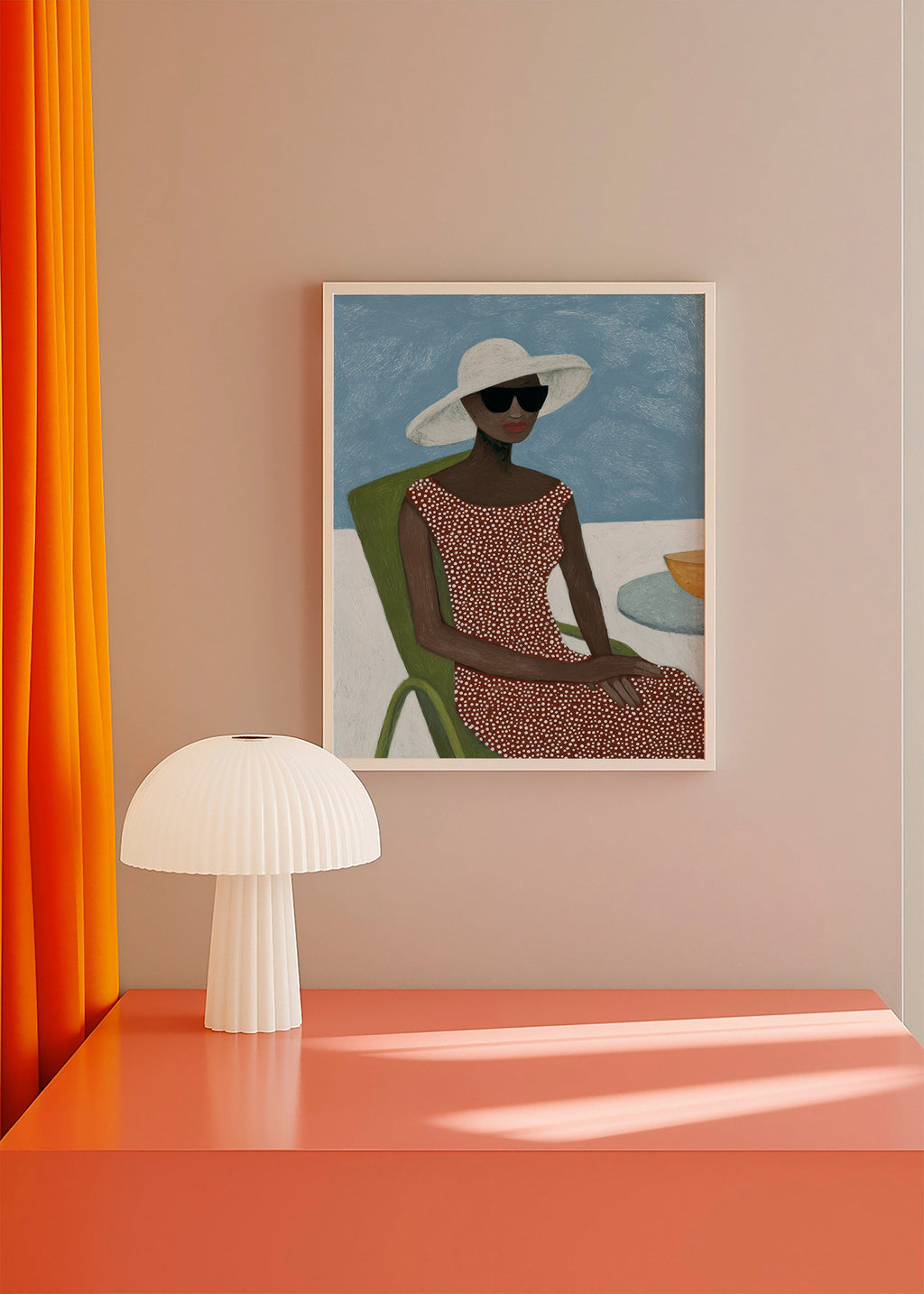 Illustration kvinna med solhatt och grön stol – Product3
