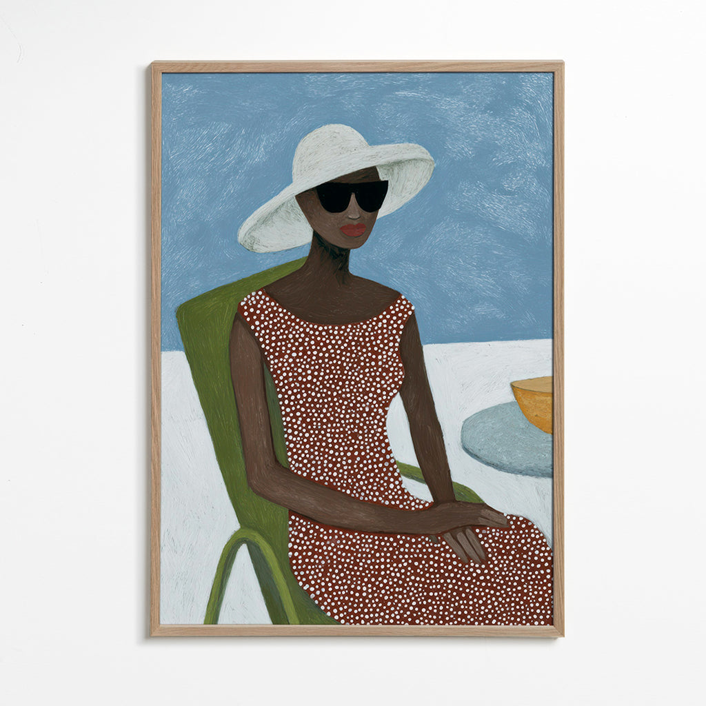 Illustration kvinna med solhatt och grön stol – Oak Frame