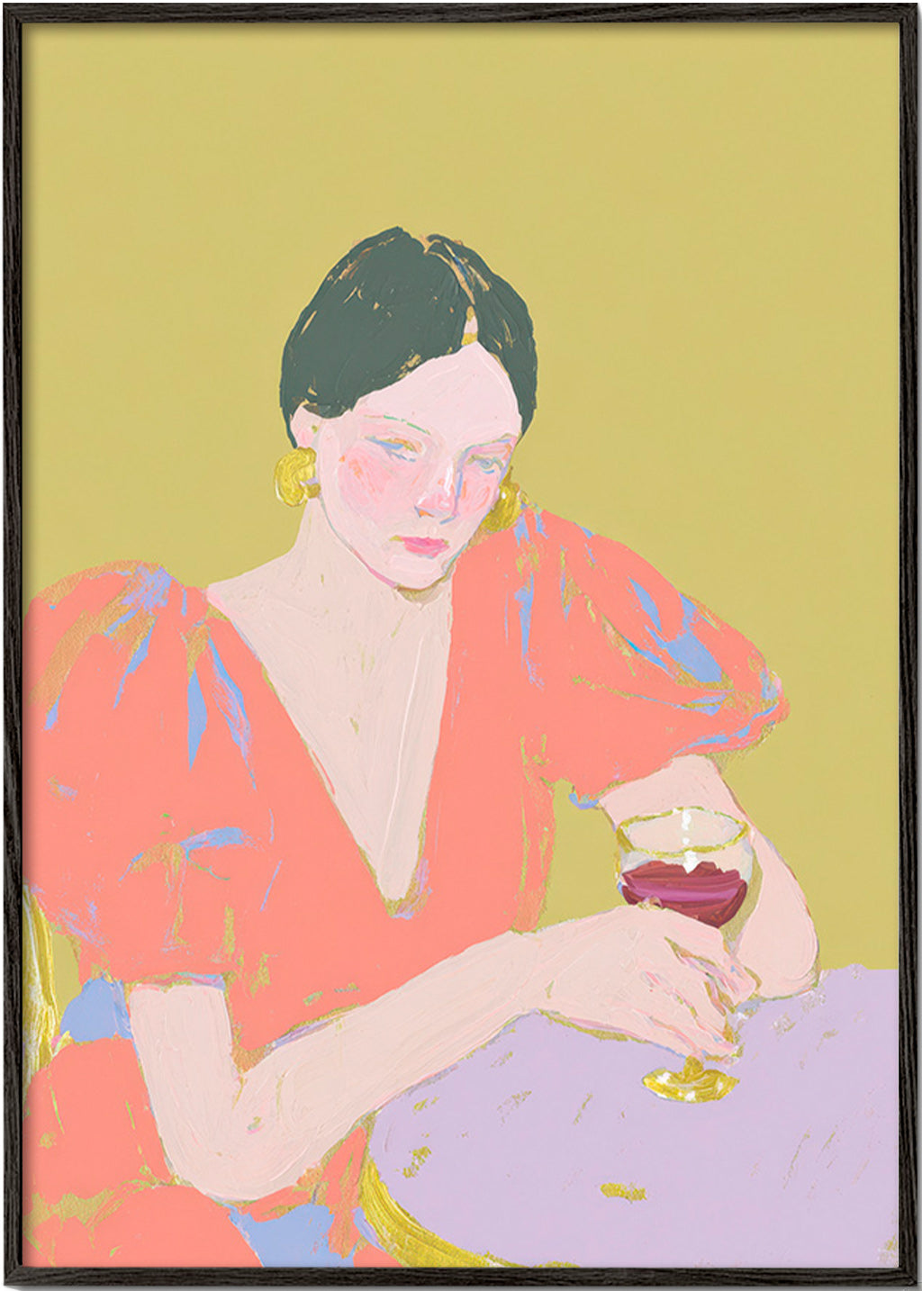 Kökskonst: kvinna med glas i pastelltoner – Black Frame