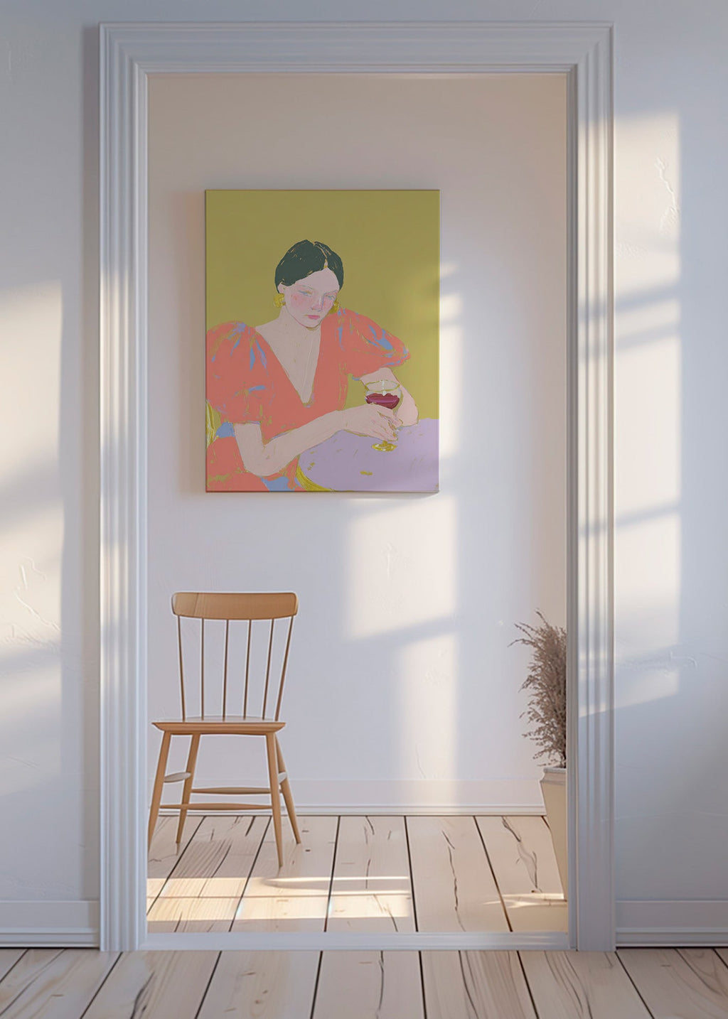 Kökskonst: kvinna med glas i pastelltoner – Canvas