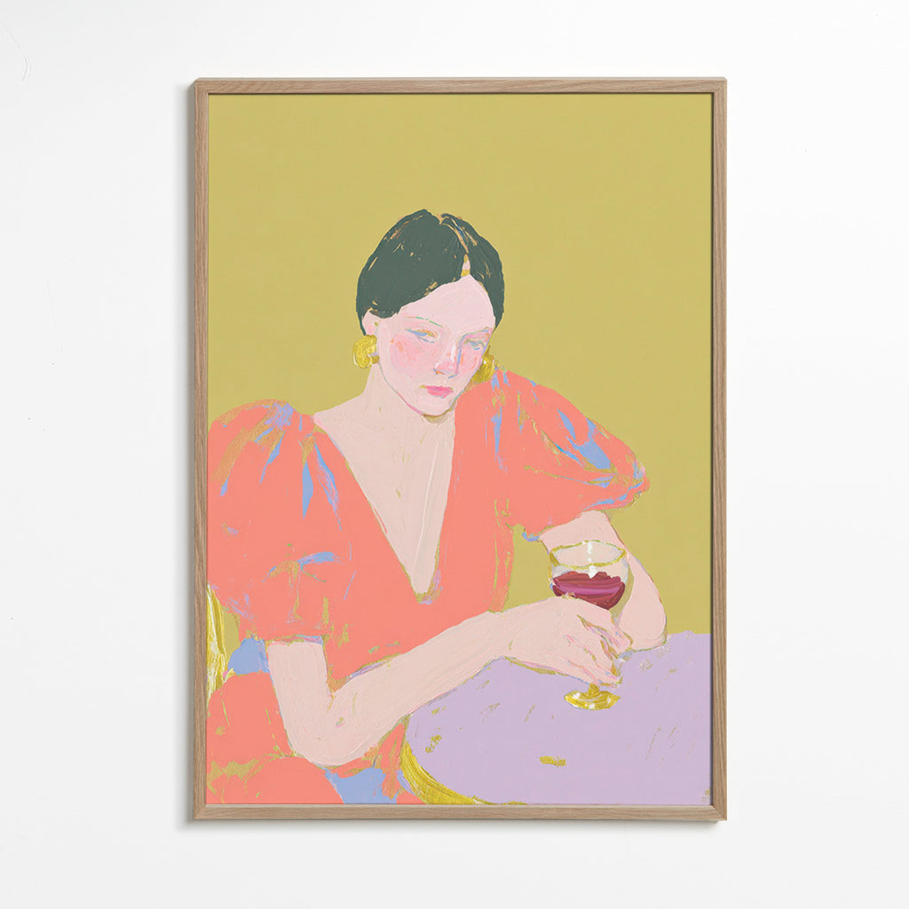 Kökskonst: kvinna med glas i pastelltoner – Oak Frame