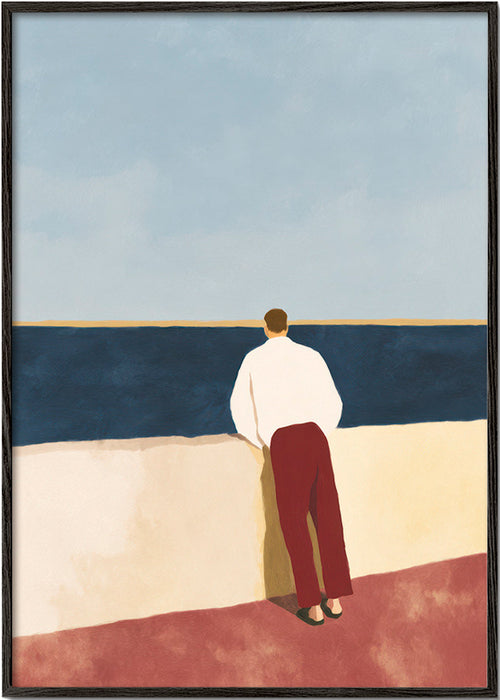 Landskapsmålning med figur som blickar ut över havet – Black Frame