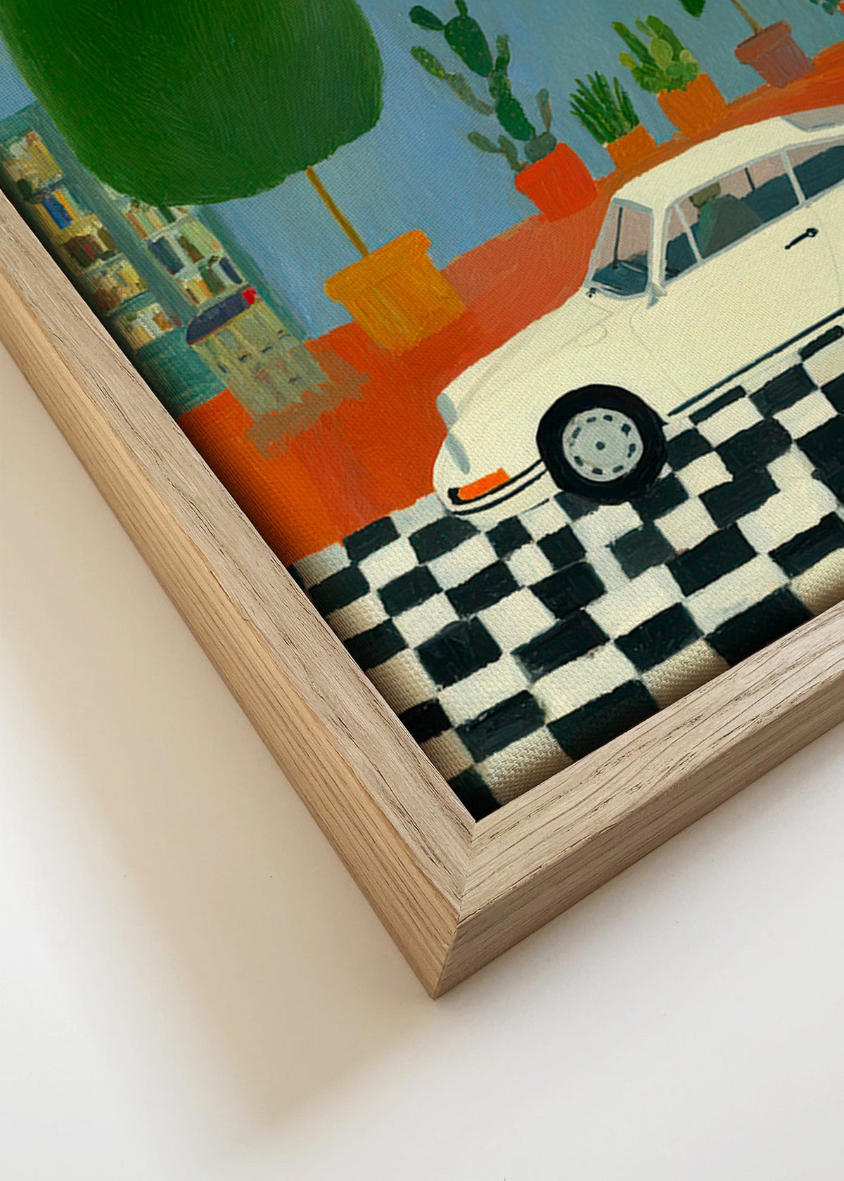 Illustration med klassisk bil och inomhusväxter – Canvas detail