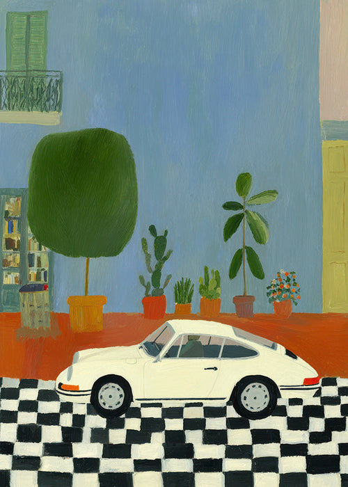 Illustration med klassisk bil och inomhusväxter