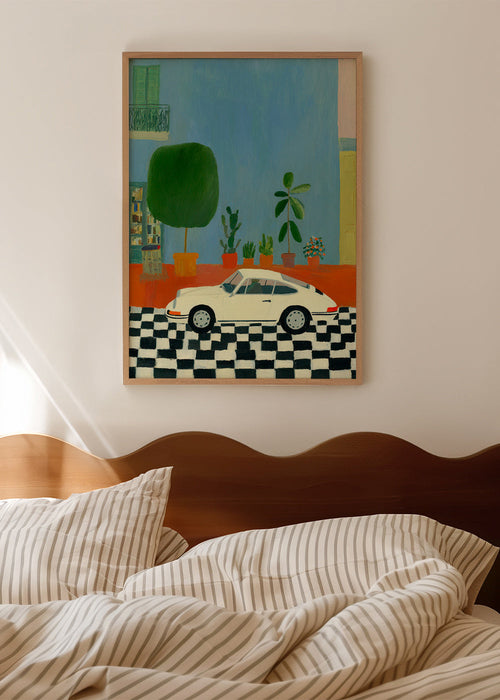 Illustration med klassisk bil och inomhusväxter – Product1