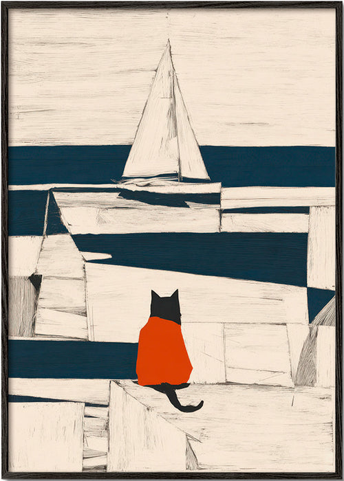 Konstverk röd katt i hamnen minimalistisk – Black Frame