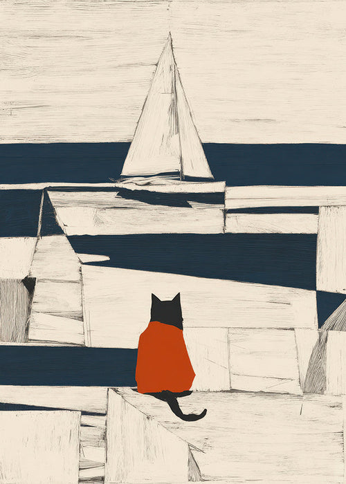 Konstverk röd katt i hamnen minimalistisk