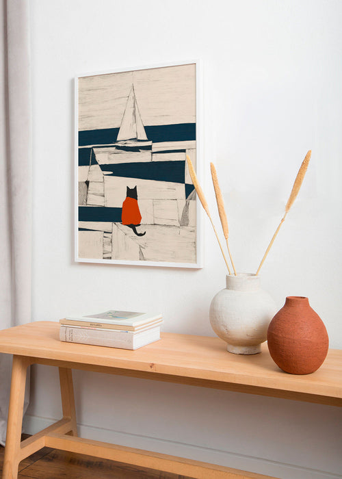 Konstverk röd katt i hamnen minimalistisk – Product1