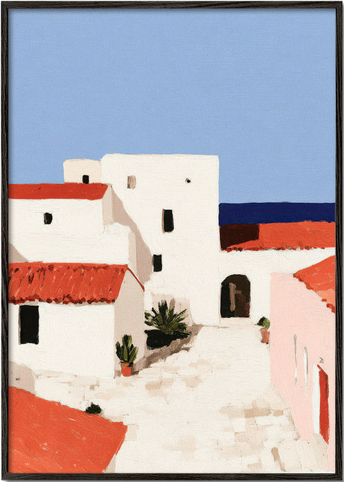Mediterranskt landskap med röda tak – Black Frame