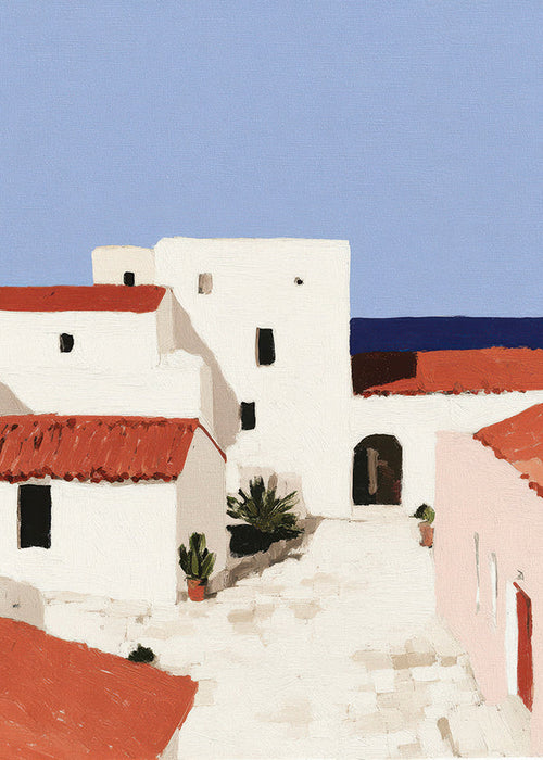 Mediterranskt landskap med röda tak