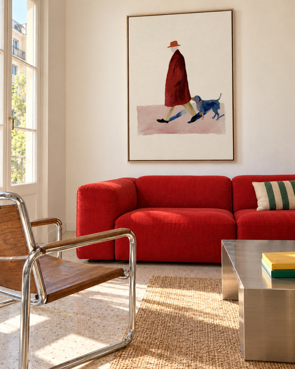 Red Coat Walk - Framed canvas in an interior