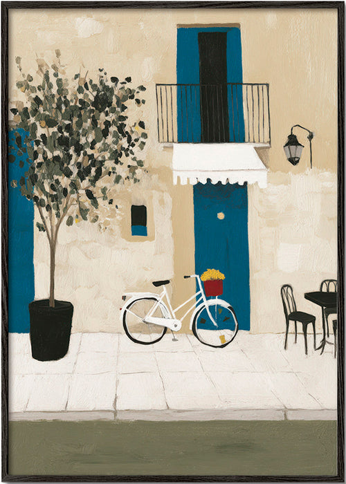 Illustration: cykel vid blå dörr – Black Frame
