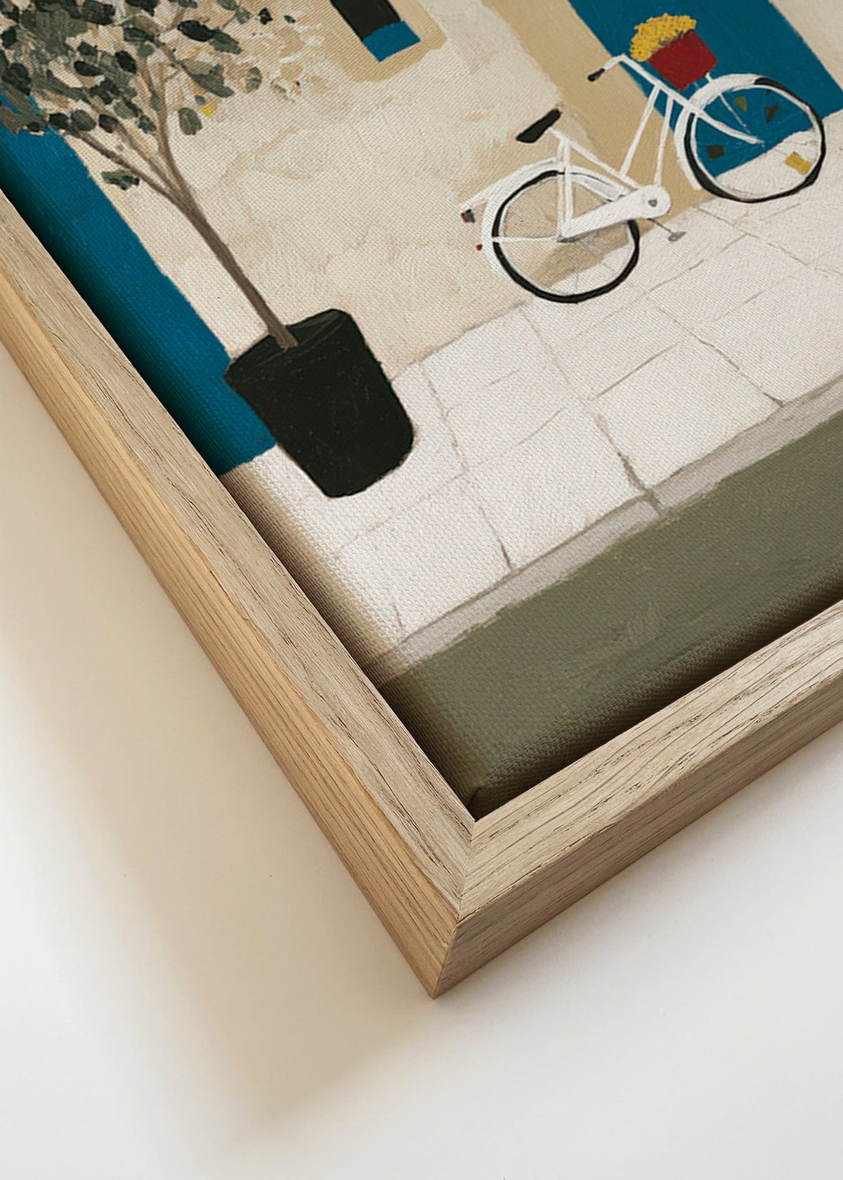Illustration: cykel vid blå dörr – Canvas detail