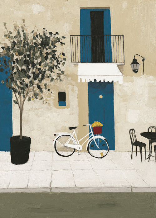 Illustration: cykel vid blå dörr