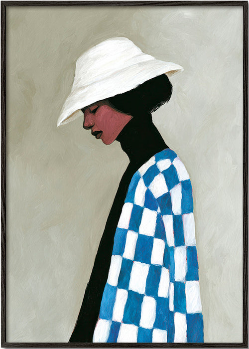 Illustration profil kvinna med hatt och rutmönster – Black Frame