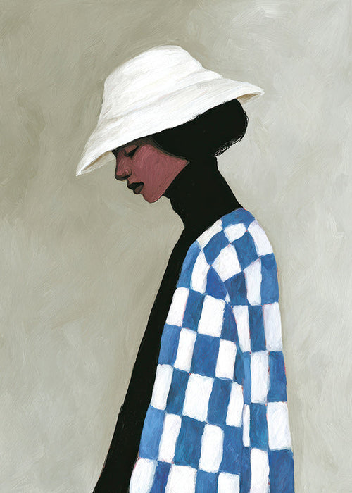 Illustration profil kvinna med hatt och rutmönster