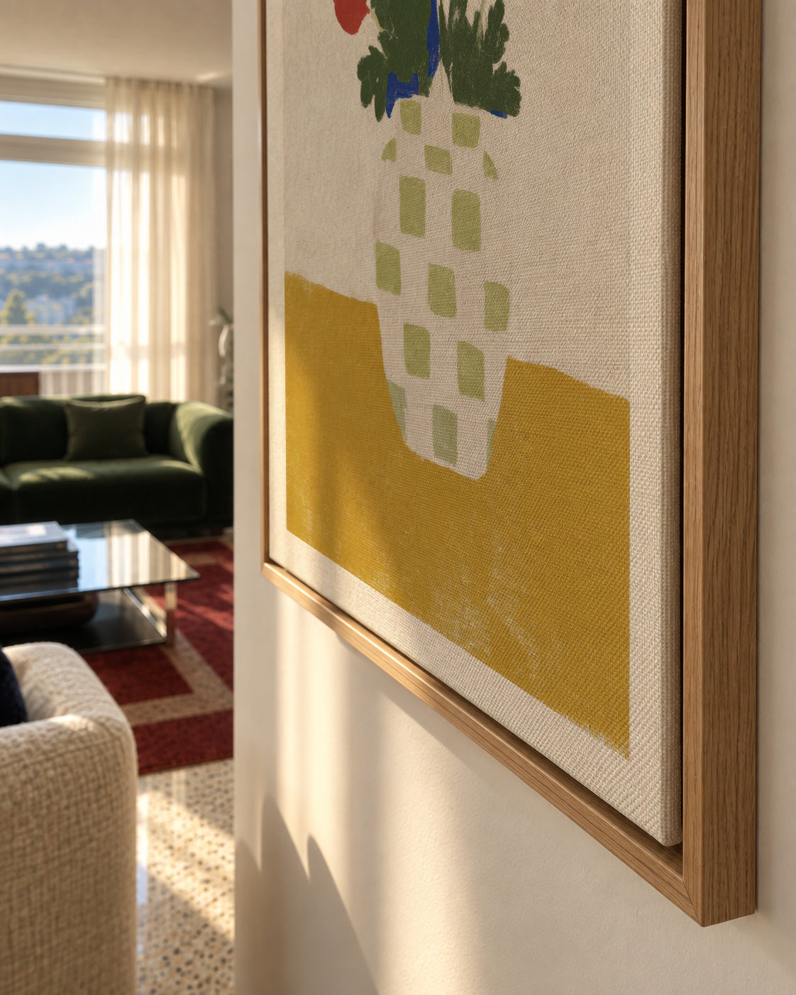 Checked Vase with Poppies - Framed canvas detail