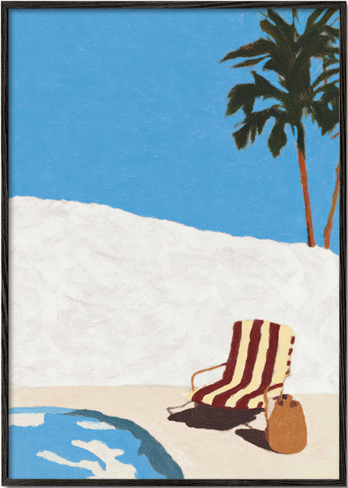 Landskapskonst med solstol vid poolen och palm – Black Frame