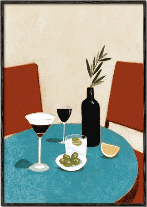 Kökskonst med aperitif på blått bord – Black Frame