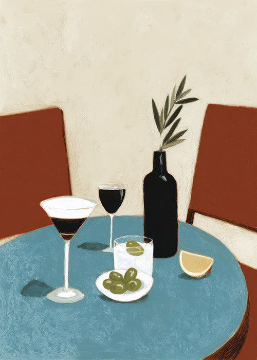 Kökskonst med aperitif på blått bord