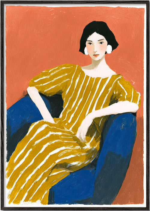 Illustration: sittande kvinna i gyllene randig klänning – Black Frame