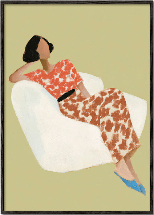 Illustration av liggande figur i vit fåtölj – Black Frame