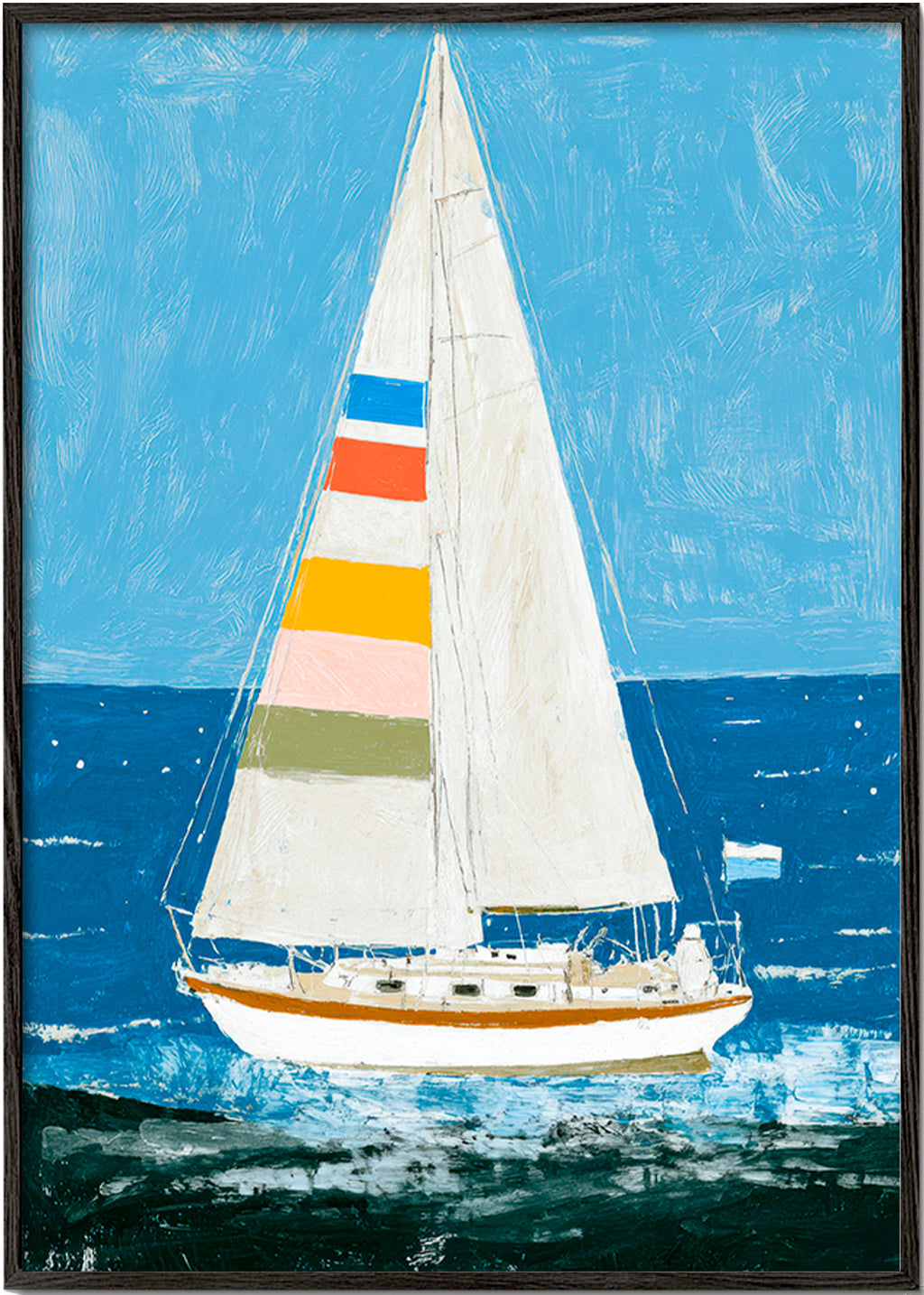 Illustration: segelbåt med färgglada segel – Black Frame