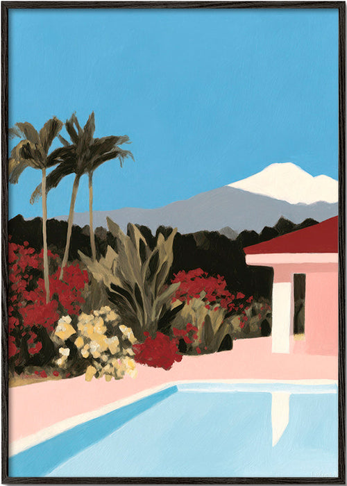 Botanisk tavla vid poolen med palmer – Black Frame