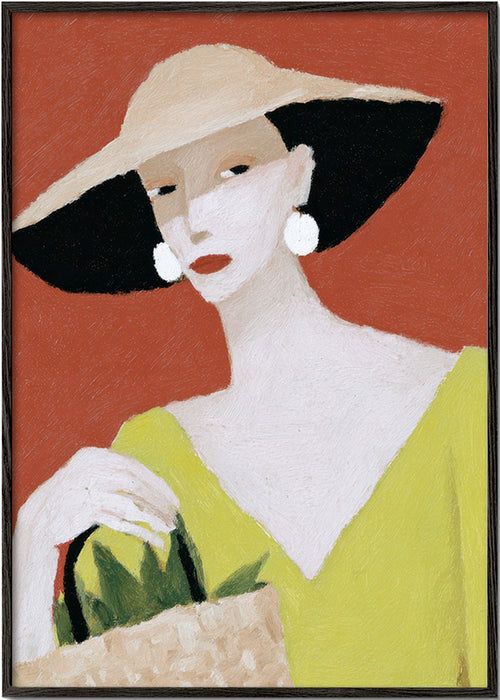 Illustration kvinna med hatt och korg – Black Frame