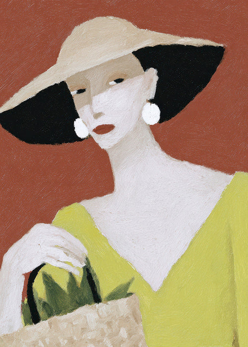 Illustration kvinna med hatt och korg