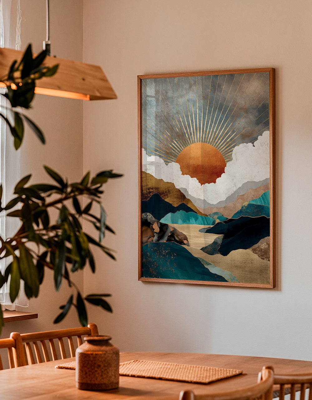 Landskapskonst: gyllene sol över abstrakta berg
