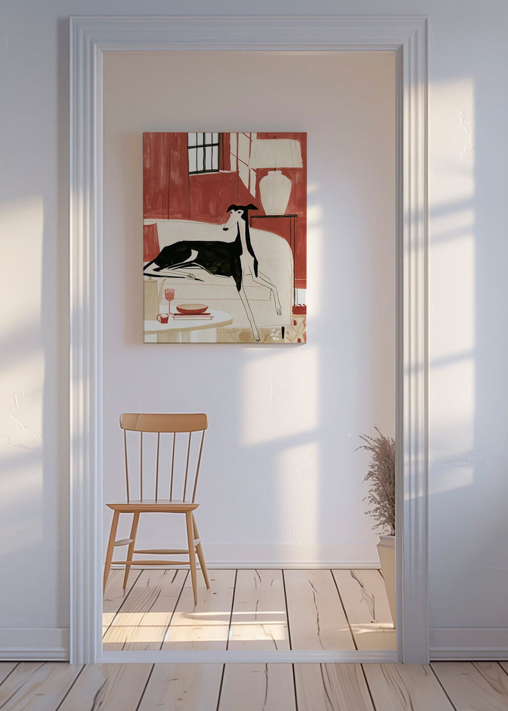 Galgo-illustration på soffa