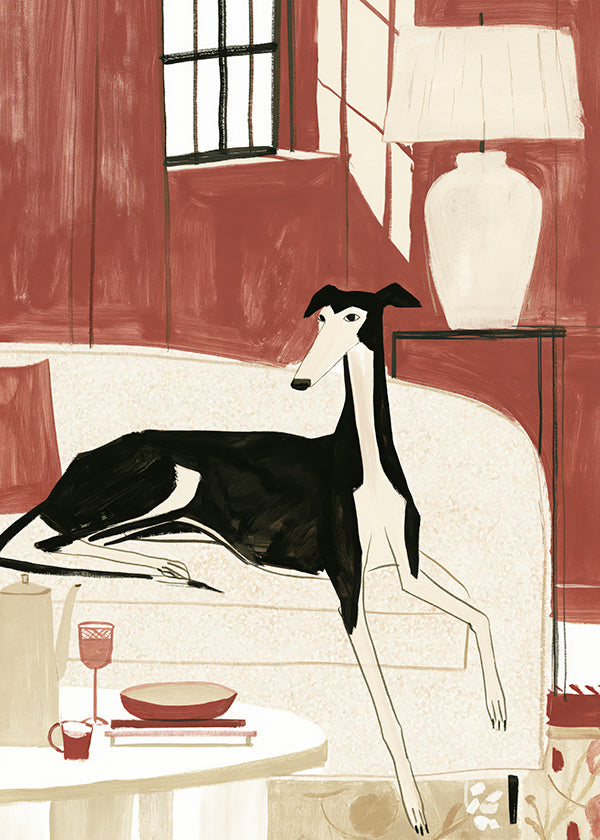 Galgo-illustration på soffa
