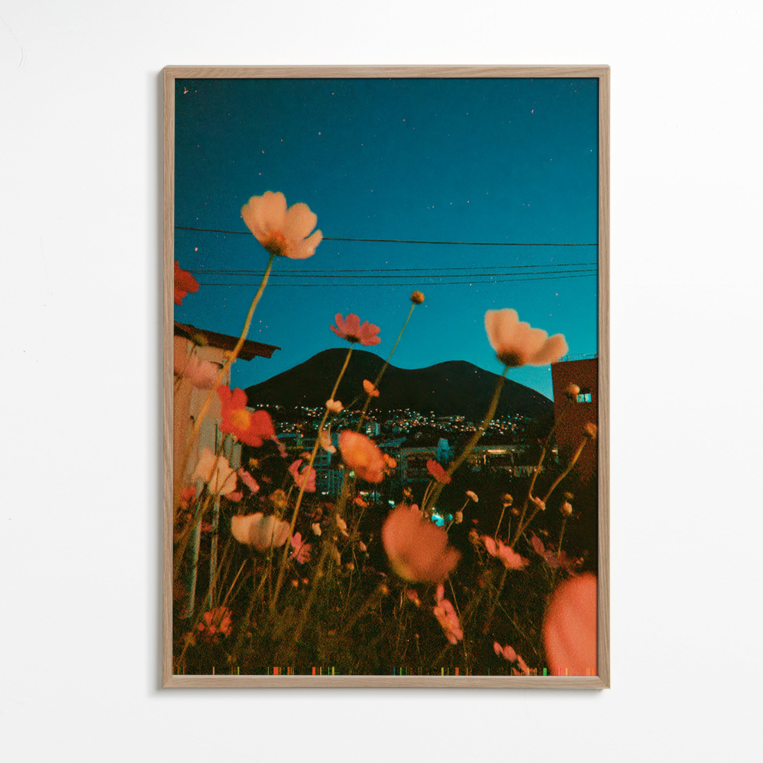 Botanisk poster vilda blommor över stad i skymning