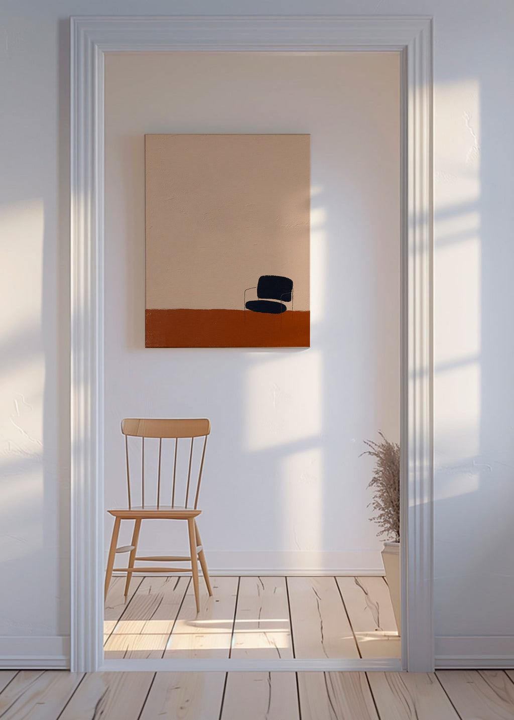Minimalistisk tavla stol på ockra golv