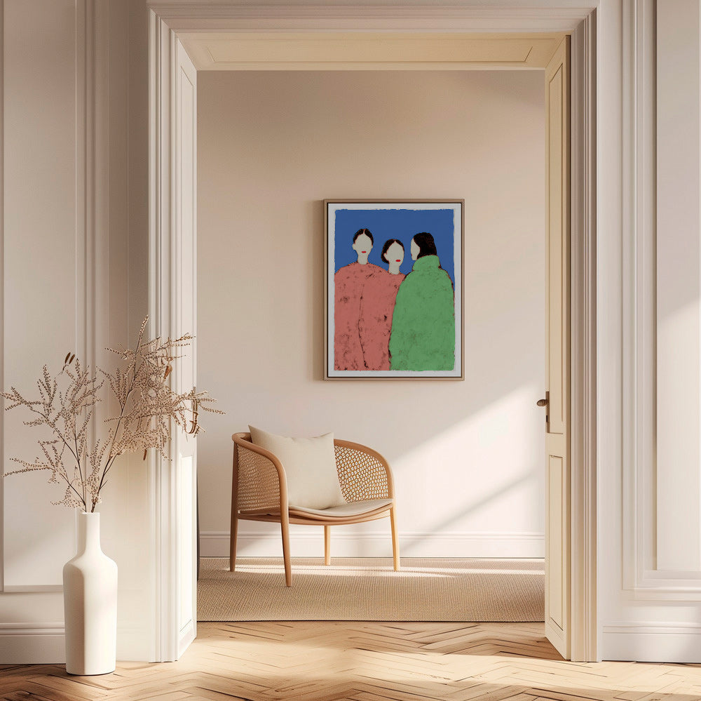 Illustration av tre stiliserade figurer på blå bakgrund