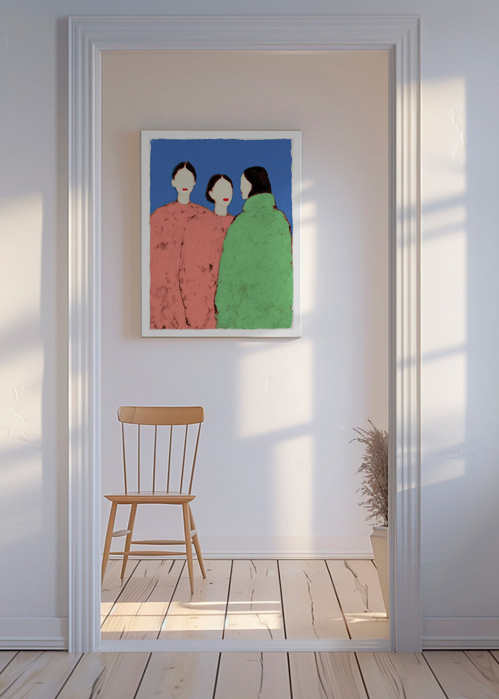 Illustration av tre stiliserade figurer på blå bakgrund