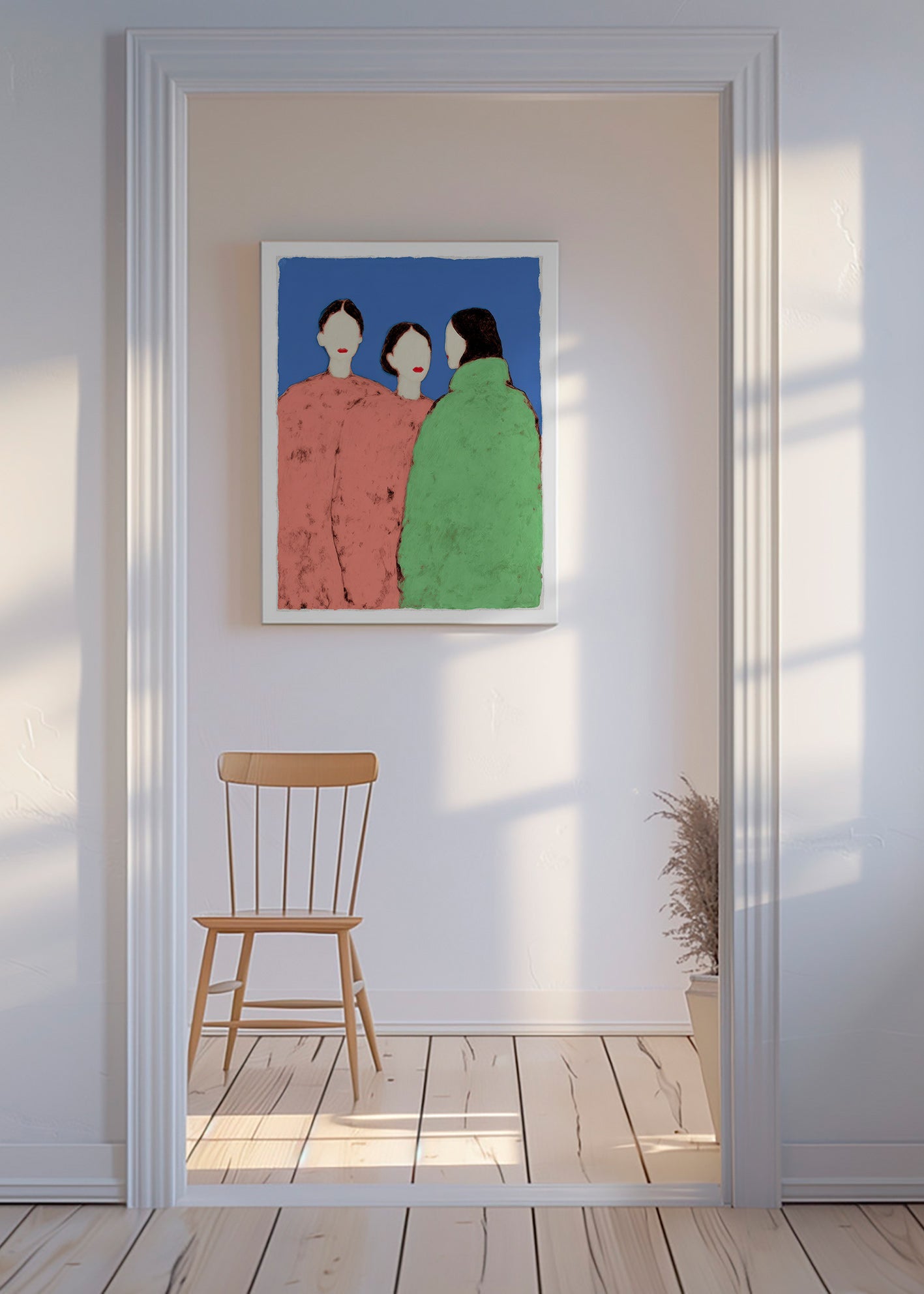 Illustration av tre stiliserade figurer på blå bakgrund