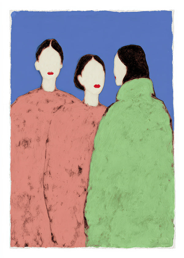 Illustration av tre stiliserade figurer på blå bakgrund