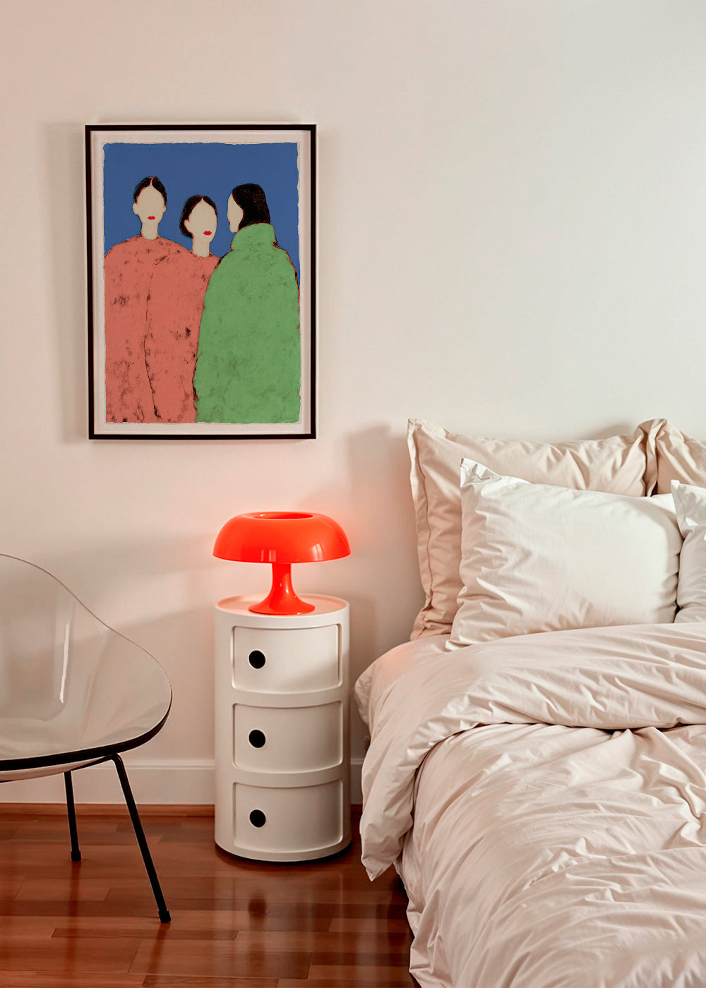 Illustration av tre stiliserade figurer på blå bakgrund