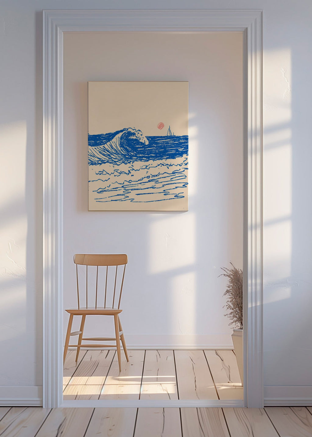 Landskapskonst: skissvåg och segelbåt