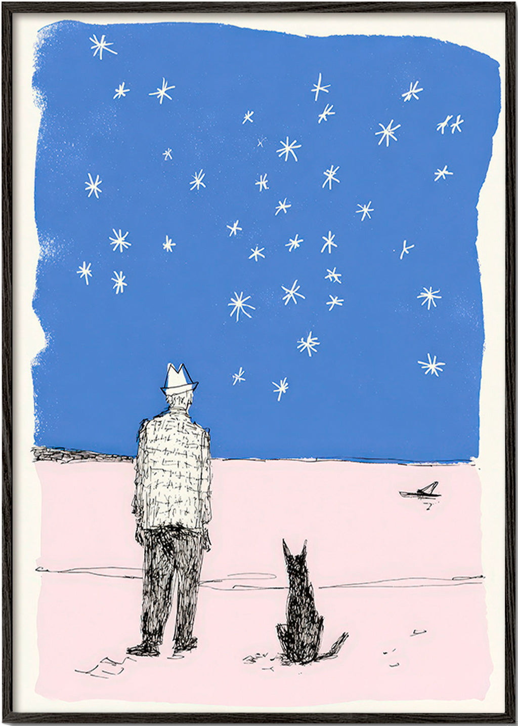 Illustration: man och hund under stjärnorna