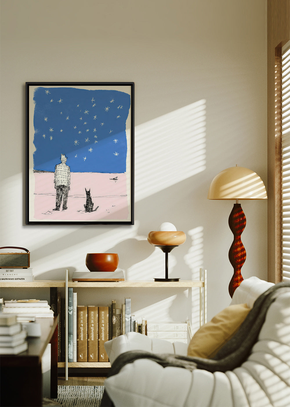Illustration: man och hund under stjärnorna