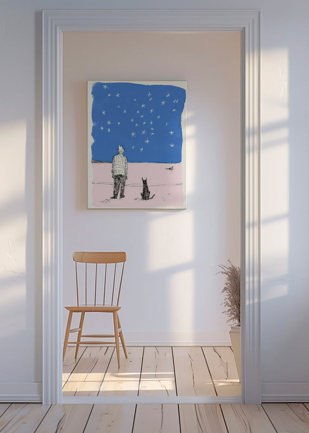 Illustration: man och hund under stjärnorna