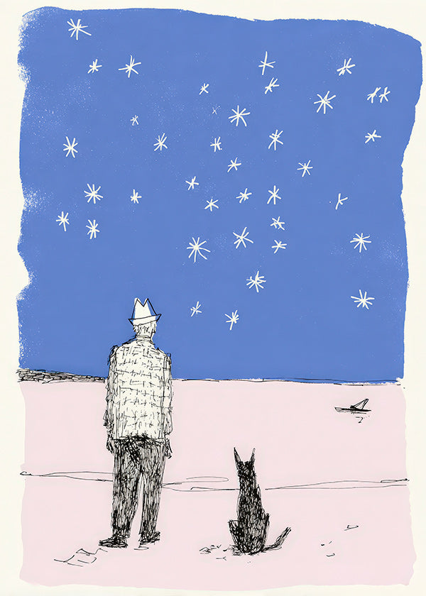 Illustration: man och hund under stjärnorna