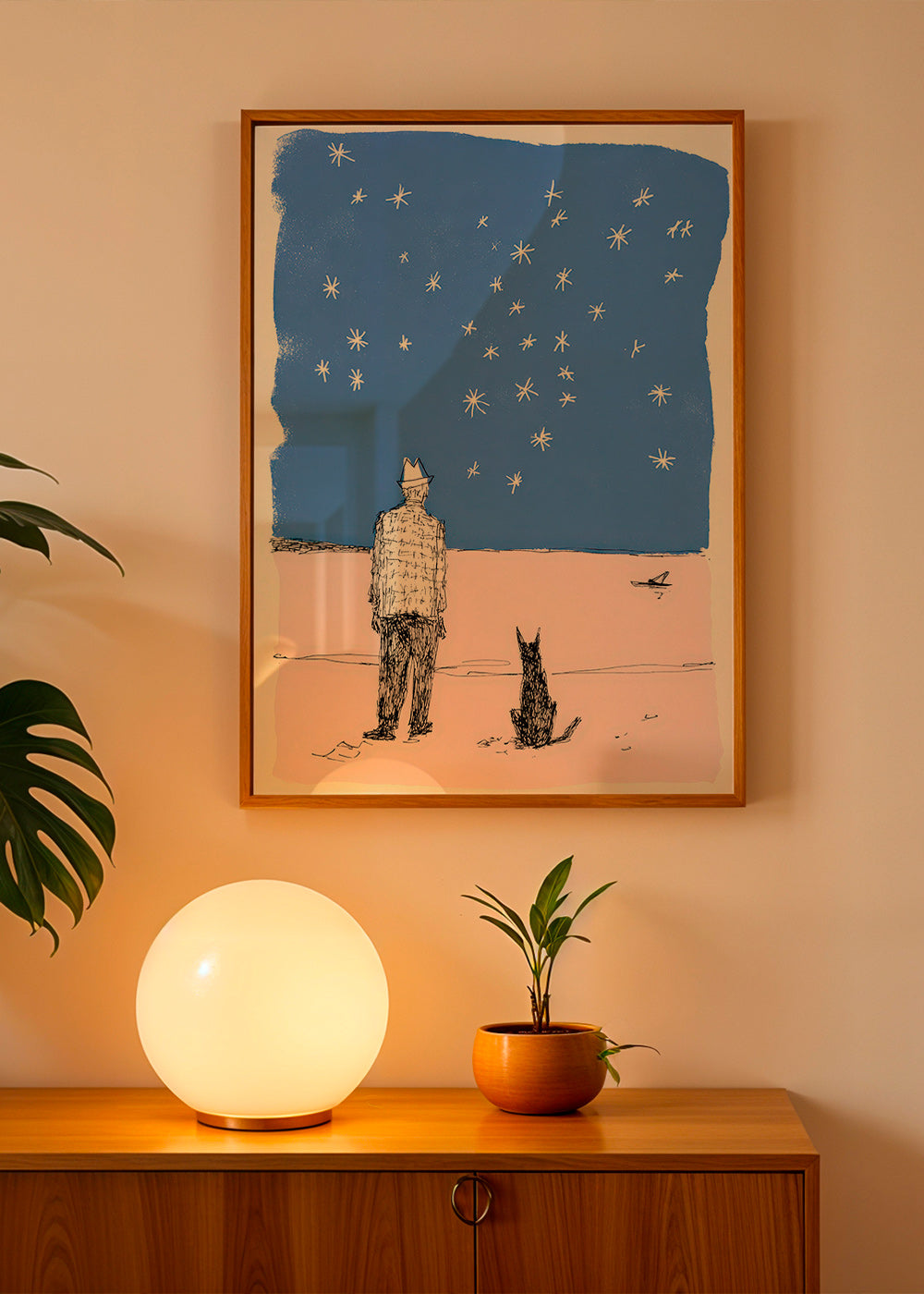 Illustration: man och hund under stjärnorna