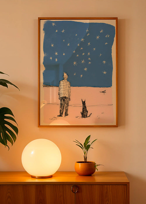 Illustration: man och hund under stjärnorna