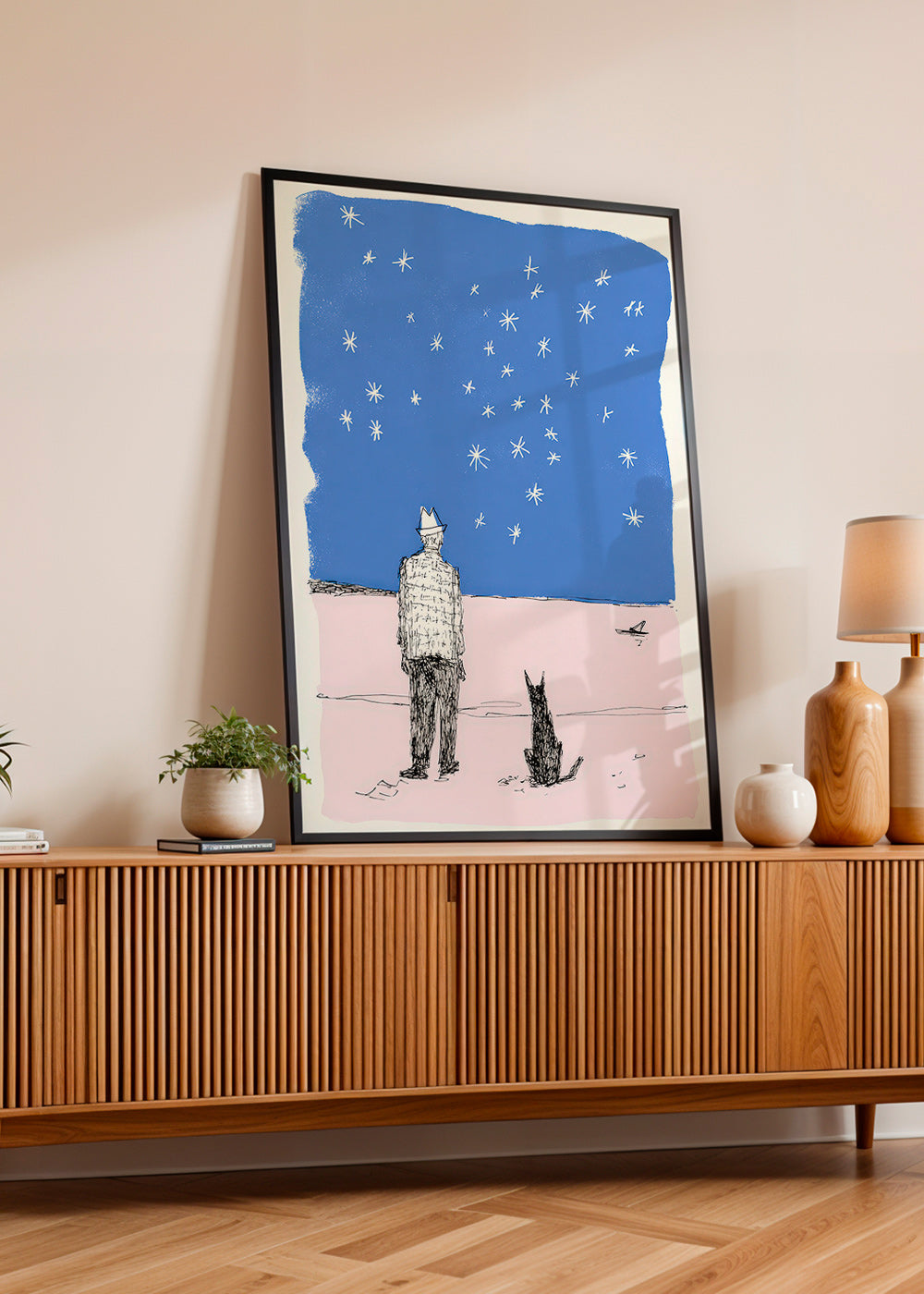 Illustration: man och hund under stjärnorna