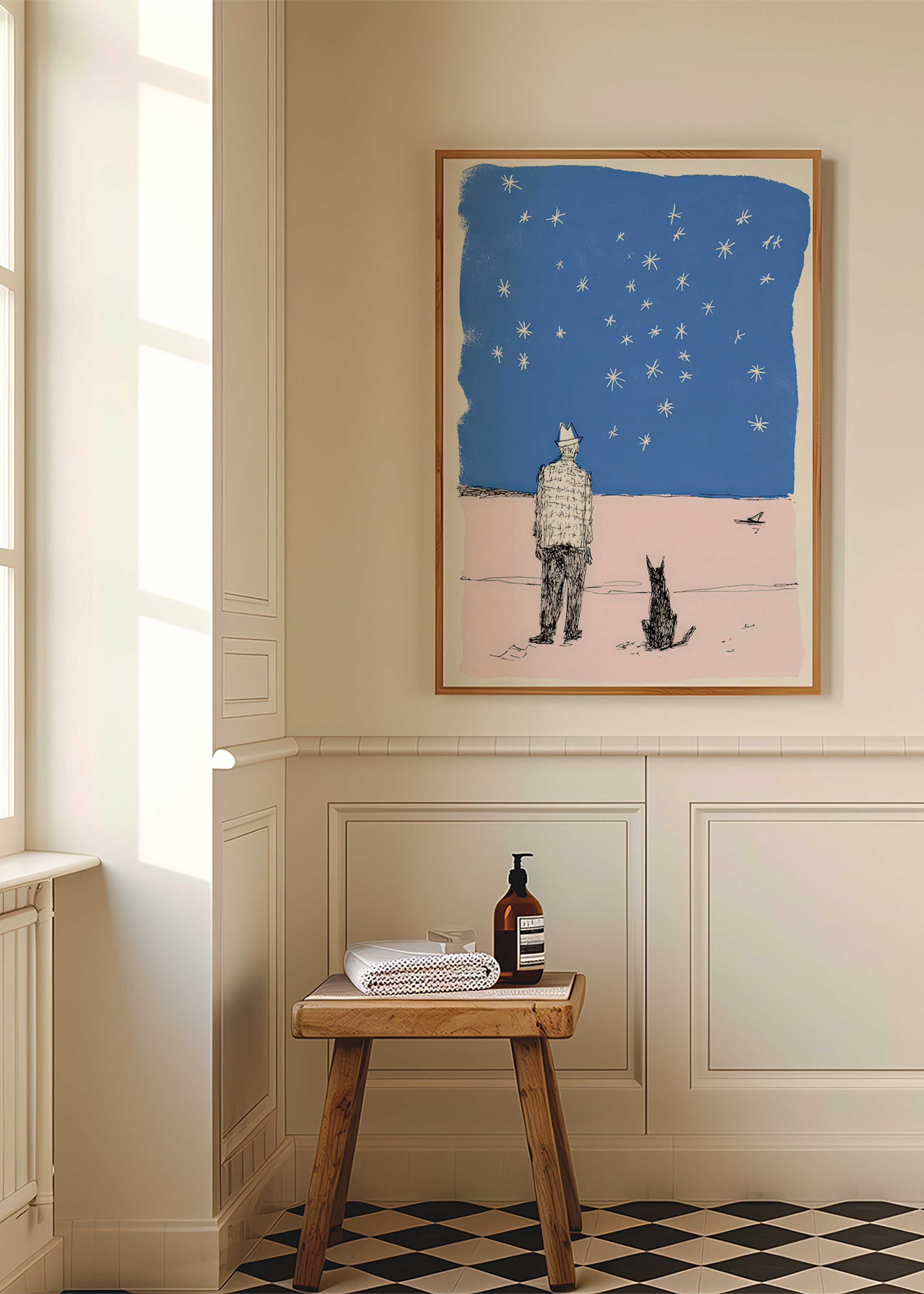 Illustration: man och hund under stjärnorna