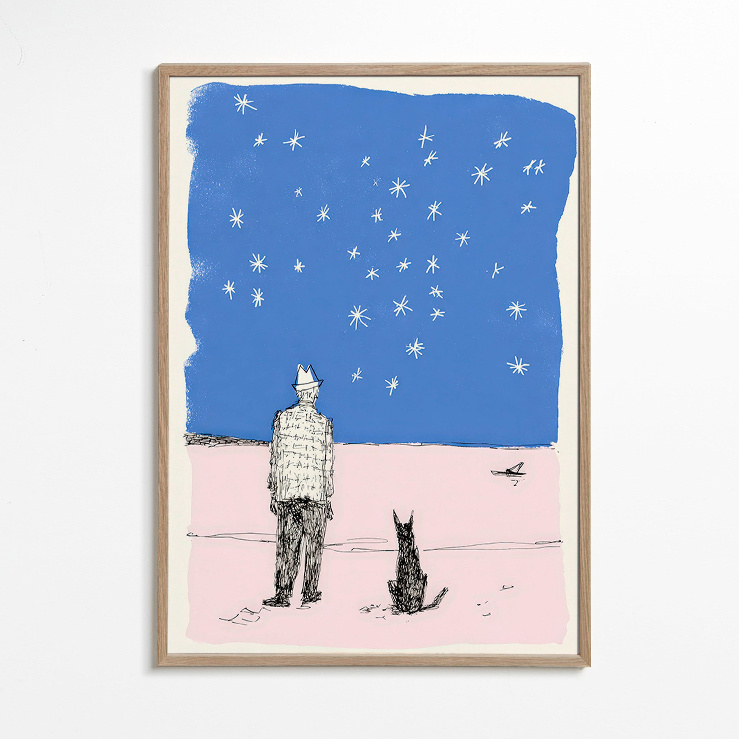 Illustration: man och hund under stjärnorna